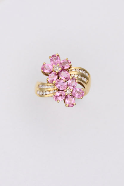 18K Yellow Gold Pink Sapphire Flower Ring with Diamonds