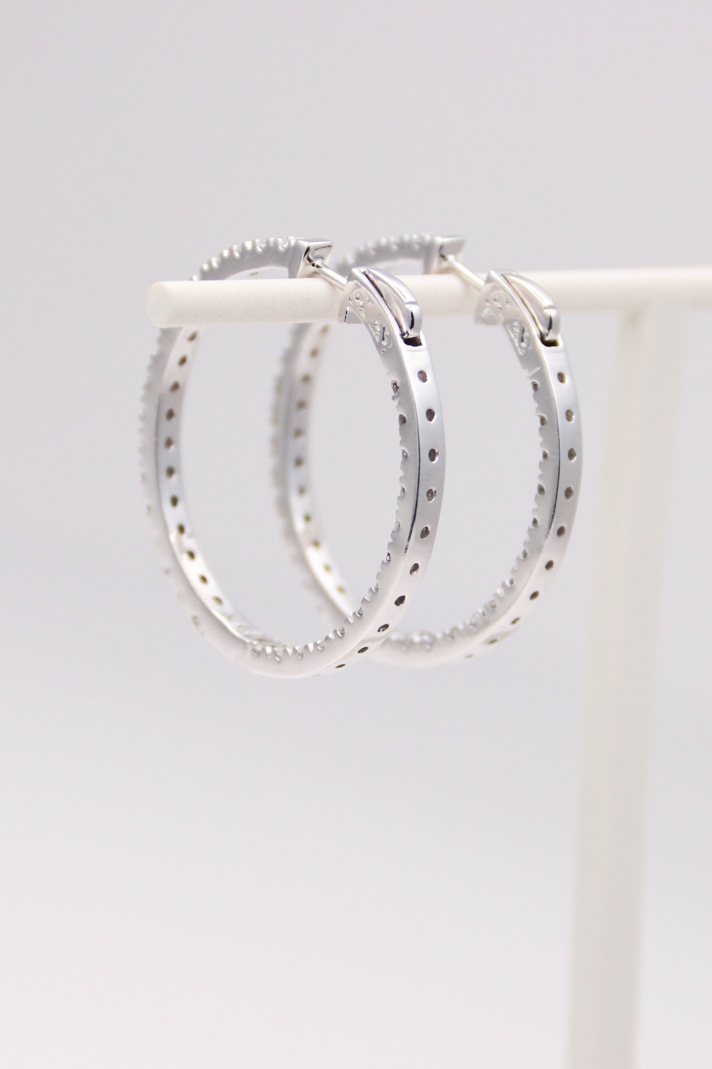 14K White Gold Diamond Hoops