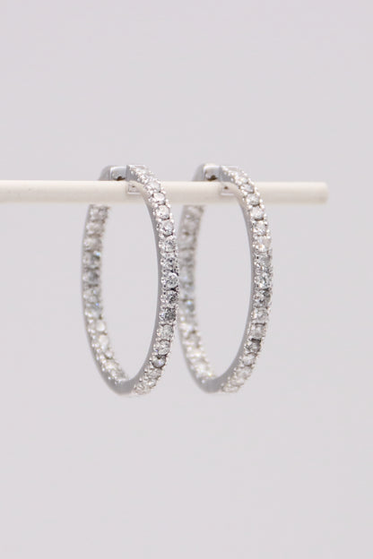 14K White Gold Diamond Hoops