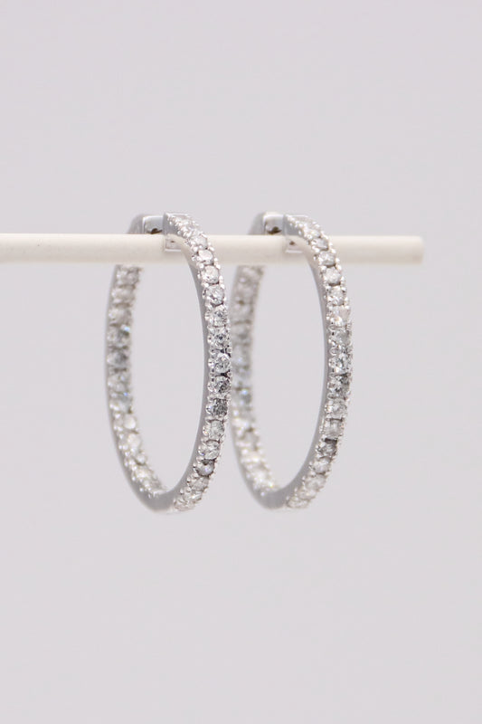 14K White Gold Diamond Hoops