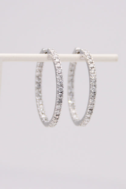 14K White Gold Diamond Hoops