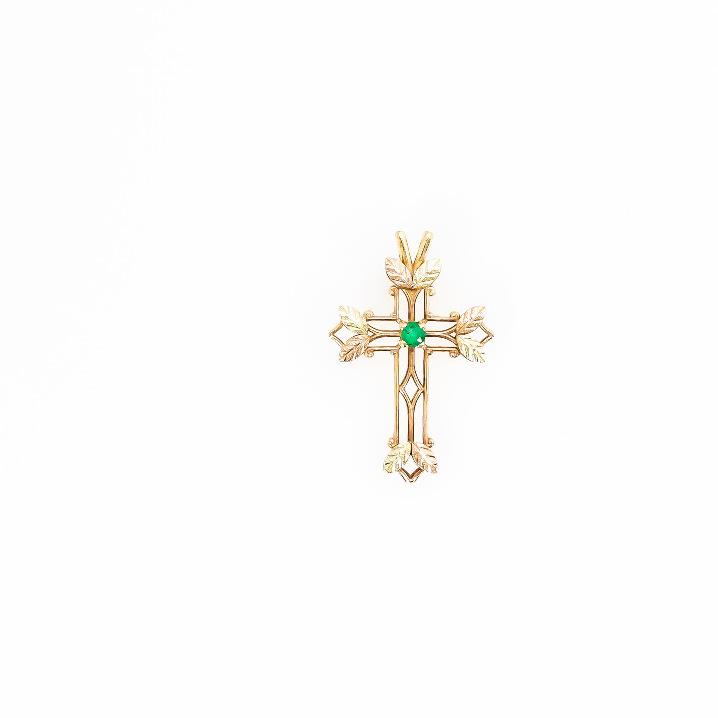 10K Two-Tone Cross Pendant with Green Stone