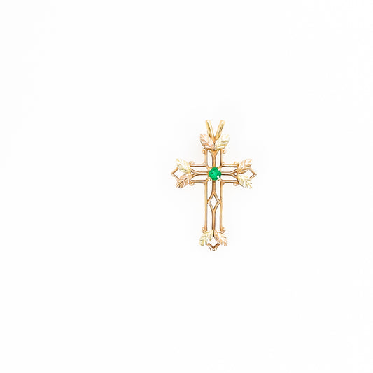 10K Two-Tone Cross Pendant with Green Stone