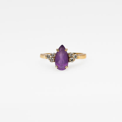 14K Yellow Gold Diamond Ring with Purple Pear Stone