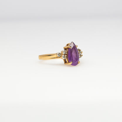 14K Yellow Gold Diamond Ring with Purple Pear Stone