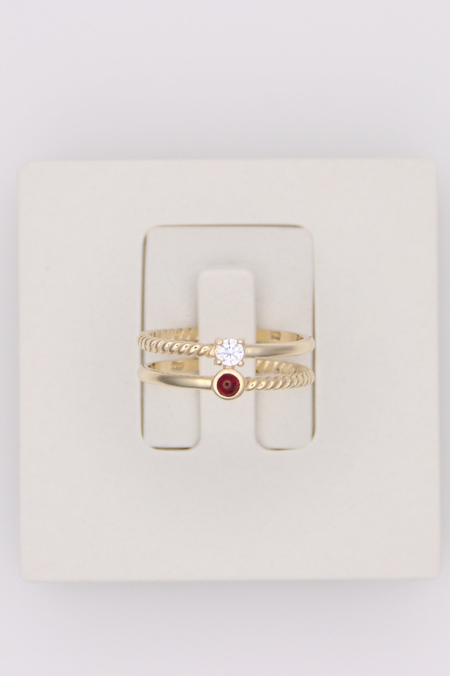 Double Band Ring with Round Clear and Red Stones