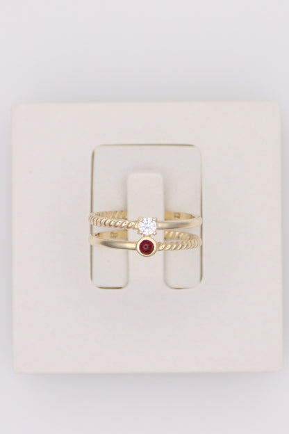 Double Band Ring with Round Clear and Red Stones