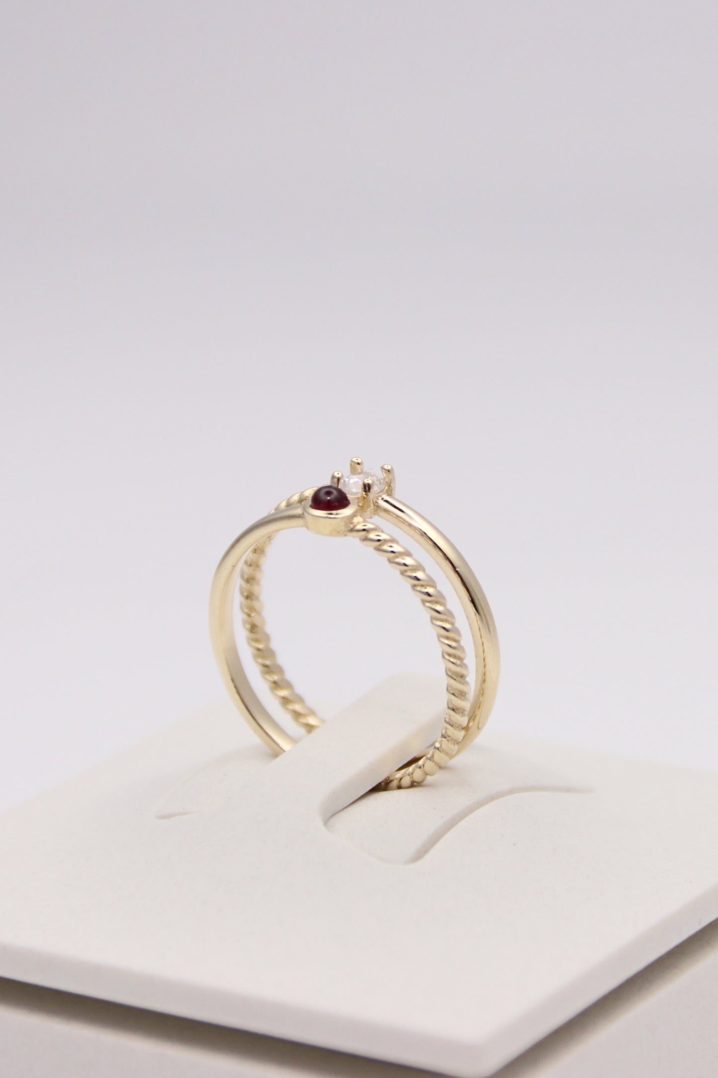 Double Band Ring with Round Clear and Red Stones