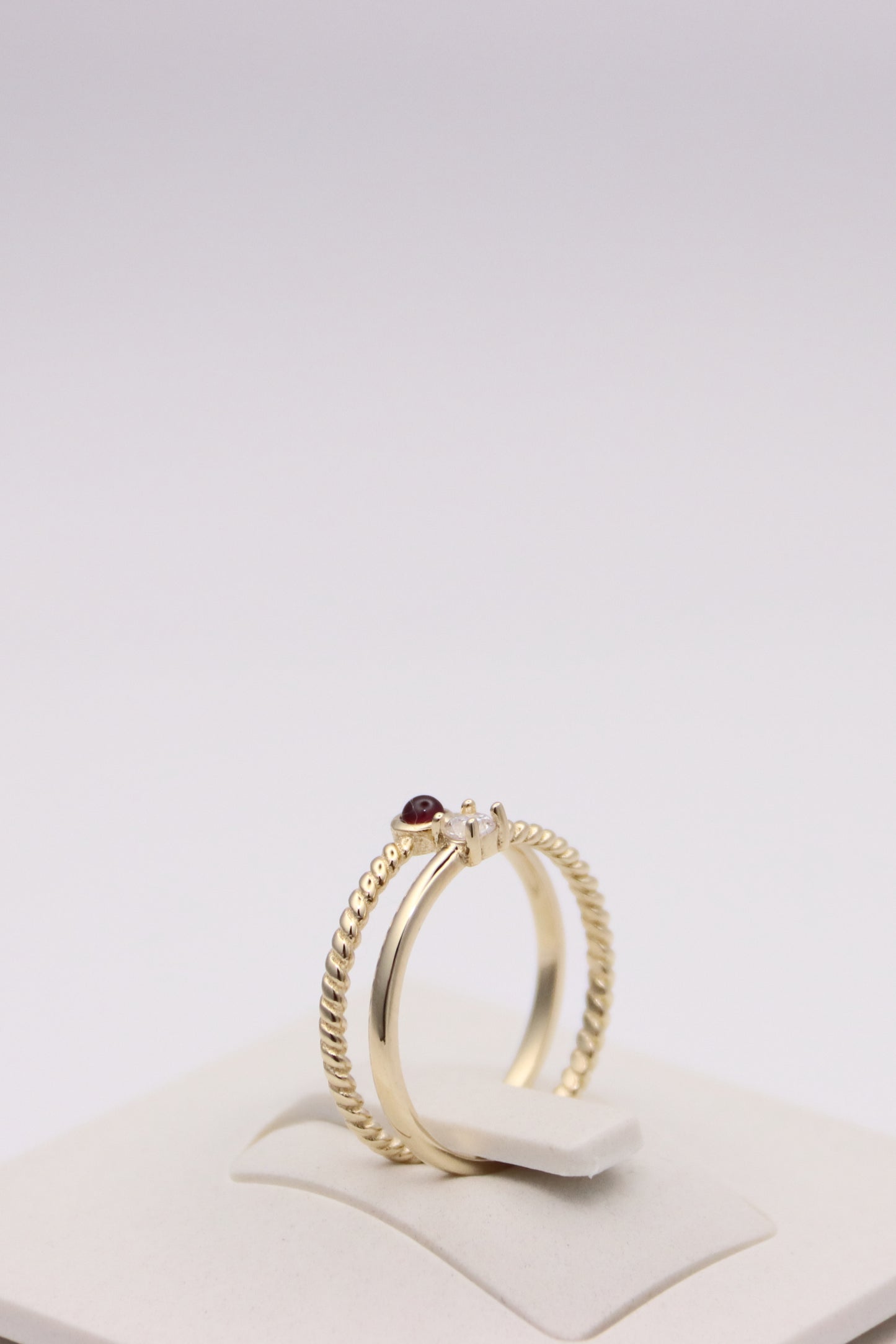 Double Band Ring with Round Clear and Red Stones