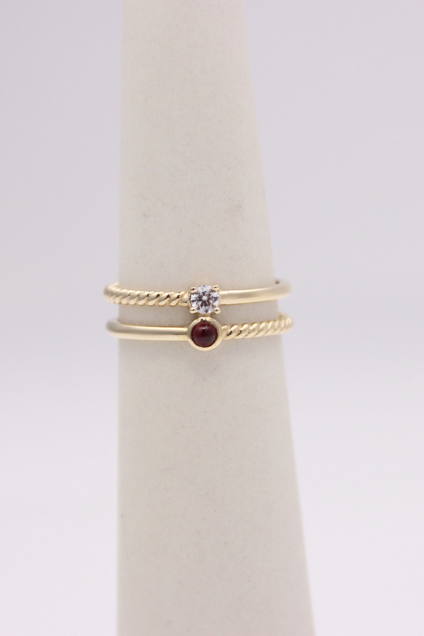 Double Band Ring with Round Clear and Red Stones