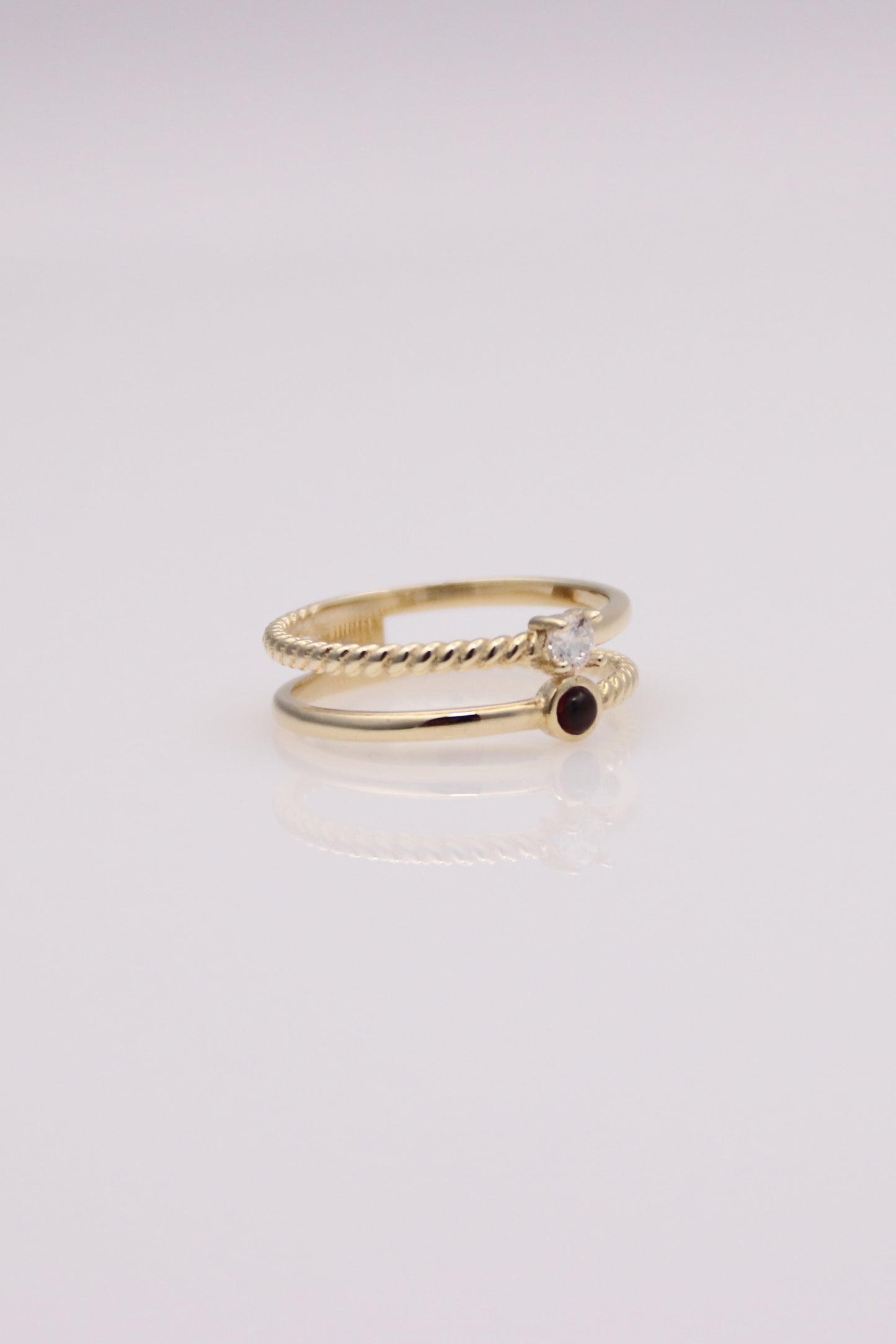 Double Band Ring with Round Clear and Red Stones