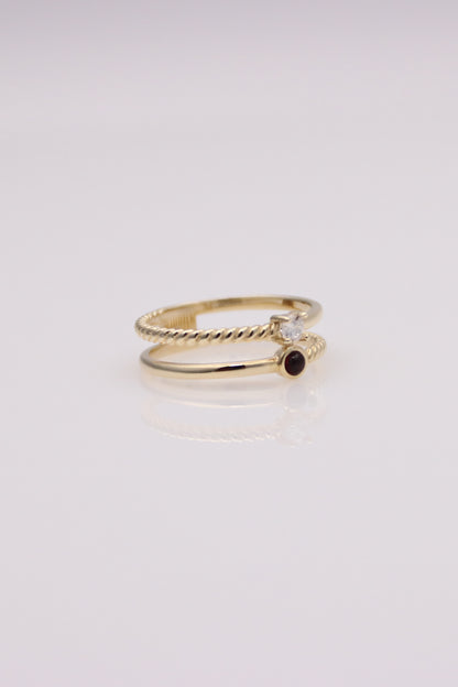 Double Band Ring with Round Clear and Red Stones