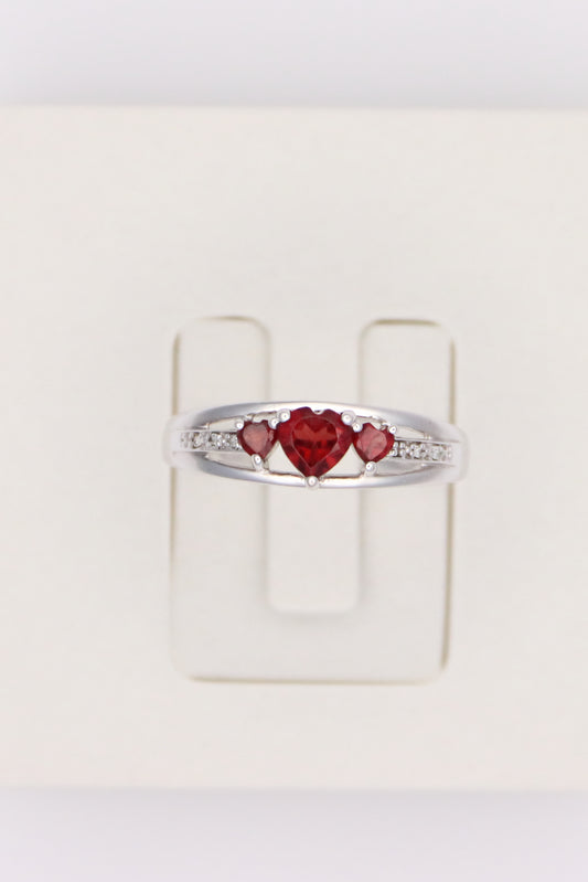 10K White Gold Ring with Heart Stones