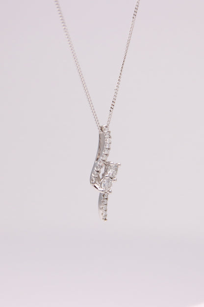 14K White Gold Waved Diamond Pendant Necklace