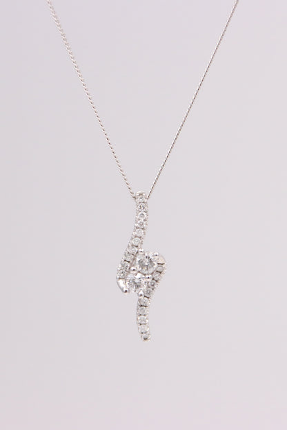 14K White Gold Waved Diamond Pendant Necklace