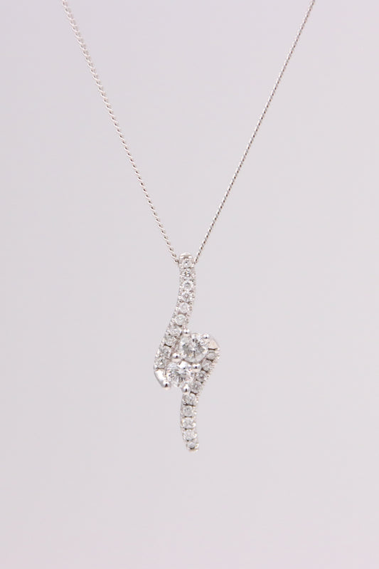 14K White Gold Waved Diamond Pendant Necklace